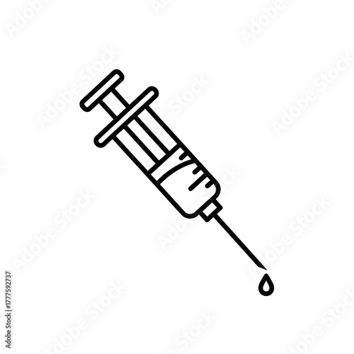 Medical syringe with drop of liquid in minimalist line art style  