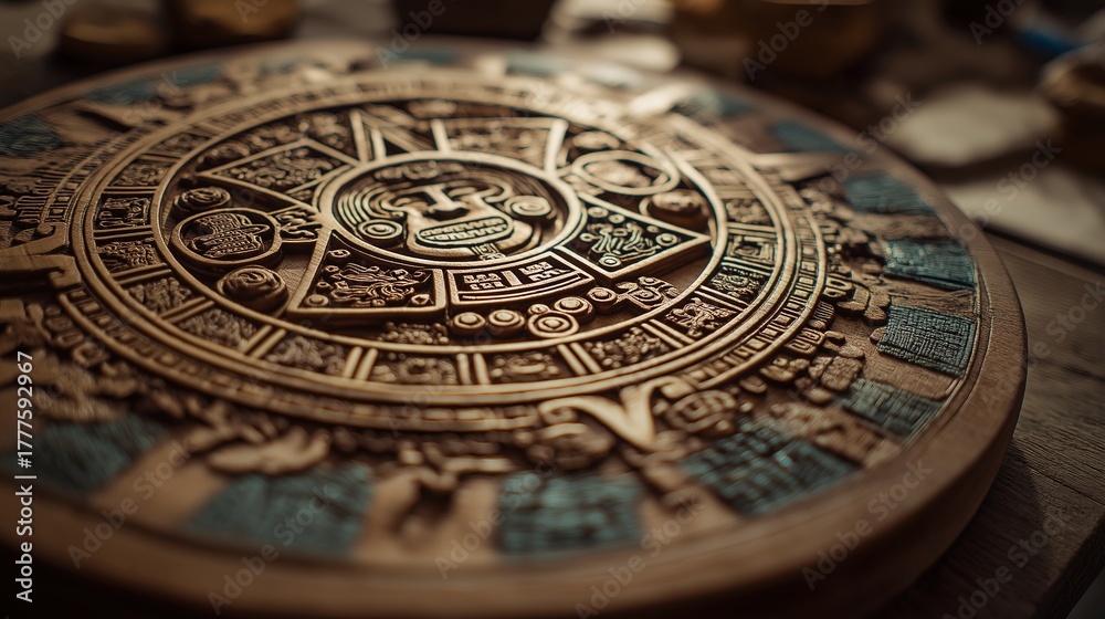 Fototapeta premium Antique Aztec Calendar Stone Close-Up Detail