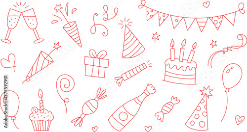 Birthday party element sketch with cake balloons gifts and festive decorations
