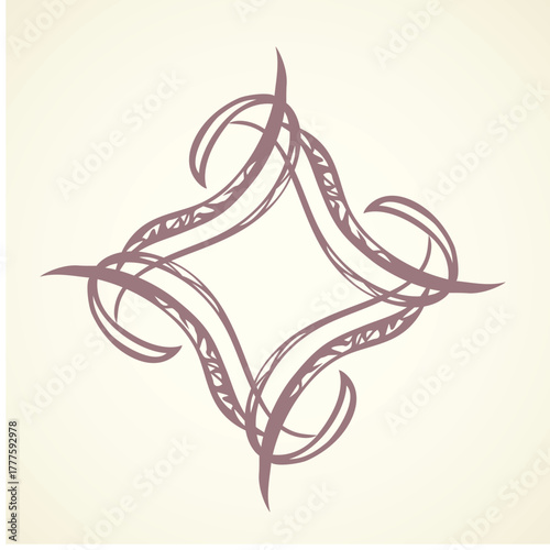 Old cute romantic book ribbon bow swirly tag swoosh element isolated on white paper card backdrop. Freehand black ink pen outline drawn curly corner sketchy in artistic rustic curlicue scrawl style