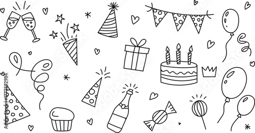 Hand drawn birthday party celebration sketch including cakes balloons and festive icons