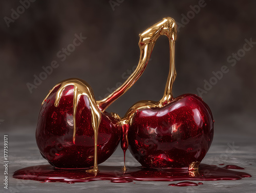 surreal still life with melting cherry lacquer wax sculpture, golden accents