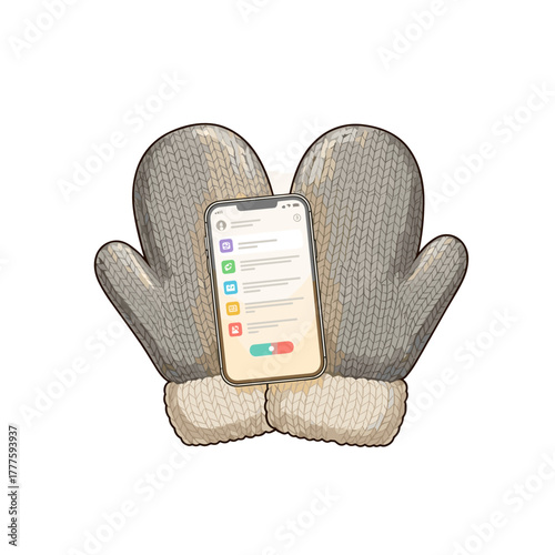 Wool mittens holding smartphone with interface design displayed  