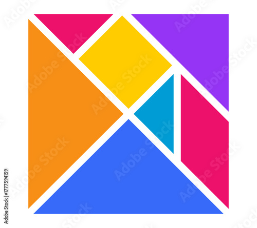 Vibrant tangram shapes arranged geometrically, inspiring creativity and problem-solving in design.
