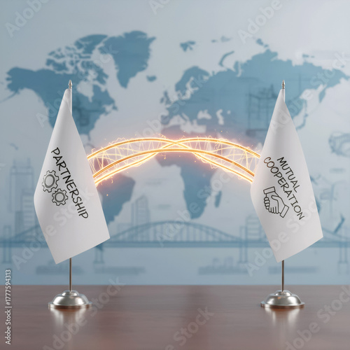 two white flags with partnership and cooperation symbols against a map background