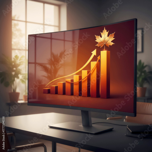 curved monitor in the office with a golden growth chart and a maple leaf