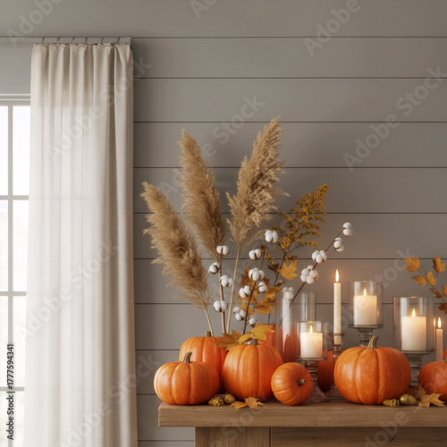 autumn decor of pumpkins, cotton, and candles on a fireplace near a gray wall