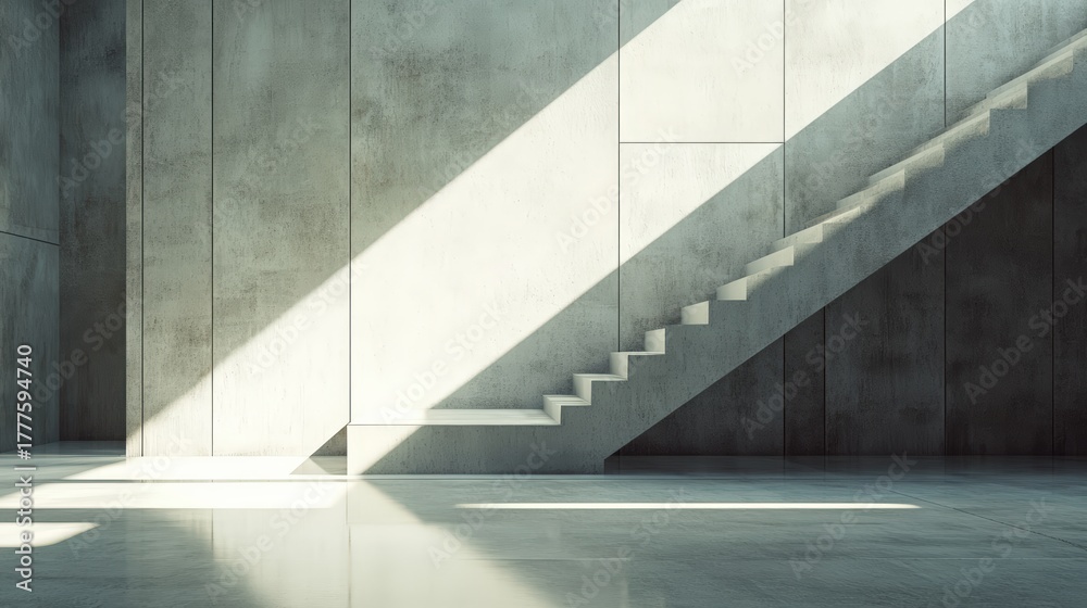 Fototapeta premium A minimalist interior featuring concrete walls and a staircase, illuminated by dramatic sunlight creating geometric shadows.