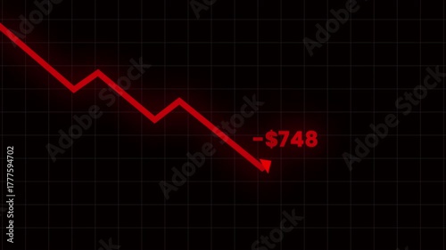 Red falling line chart animation with negative market value and glitch loss indicator. Represents financial crash, trading loss, and stock decline. Dark grid background for dramatic crisis mood.
