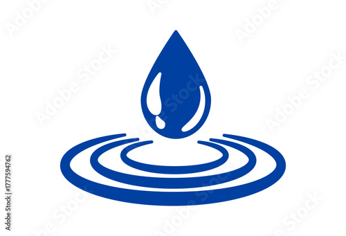 Minimalistic blue water drop icon creating ripples, symbolizing purity and tranquility.