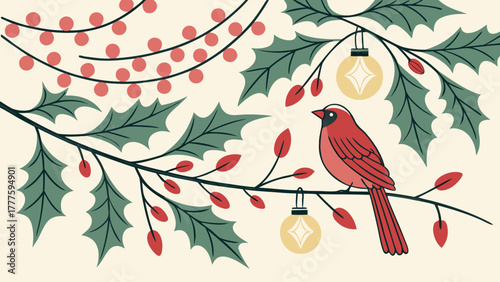 A cardinal perched on a holly branch with berries and christmas lights hanging above it design