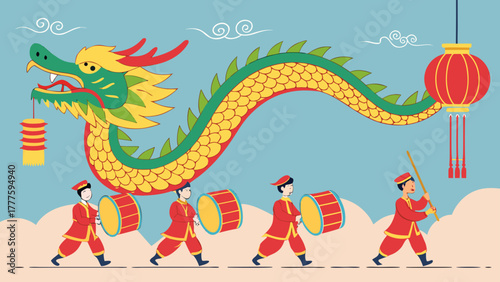 Illustration of a chinese dragon parade with drummers and lanterns against a light blue background