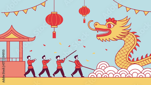Illustration of a chinese dragon dance with performers lanterns and festive decorations in a cultural setting