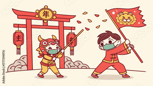 Two children celebrating chinese new year with a lion dance and a flag under a red archway