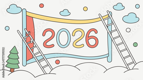 Illustration of the year 2026 displayed on a banner with ladders and a christmas tree nearby