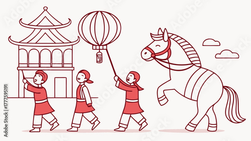 Three children parade with a lantern and a horse in front of a traditional asian building design