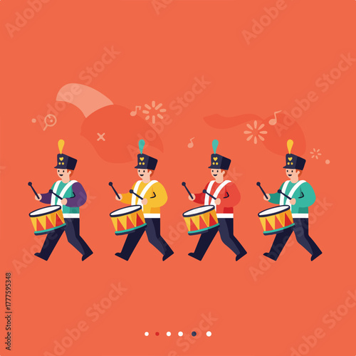 Drummers in colorful outfits march in a row playing joyous music. Suitable for event promotions, musicrelated designs, and cultural themes.