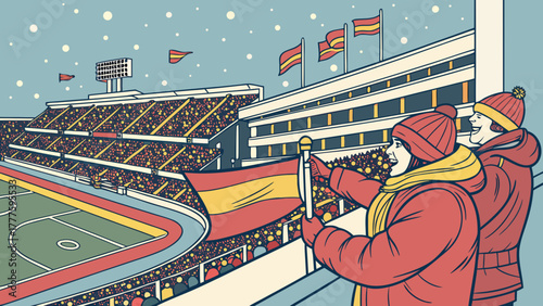 Enthusiastic fans waving spanish flags at a snowy outdoor stadium during a sporting event day