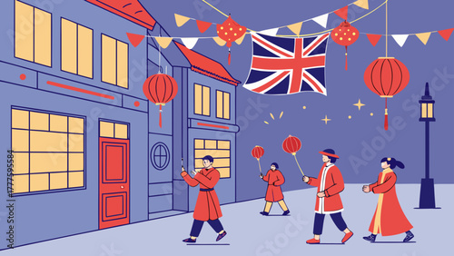 Street scene with people in red robes, lanterns, british flag and building facades at night time