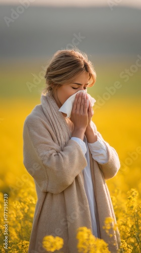 Springtime Allergy: Capturing a woman in a field of yellow flowers, gently using a tissue, symbolizing seasonal discomfort and the embrace of nature's beauty amidst allergy season.