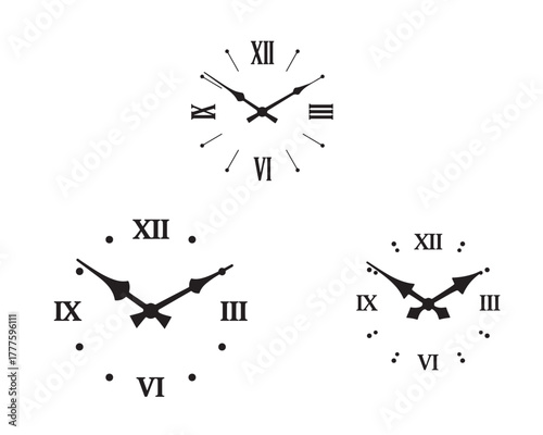 Three vintage style clock faces with roman numerals showing different times