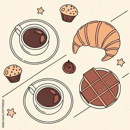 Cups of coffee and assorted sweets on light background, top view