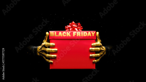 Luxury Black Friday advertisement with metallic gold hands presenting vivid red gift, golden ribbon and bow, shimmering festive glow, minimalist black background