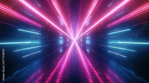 A vibrant tunnel of pink and blue light beams converging at a point, creating a dynamic and futuristic atmosphere.