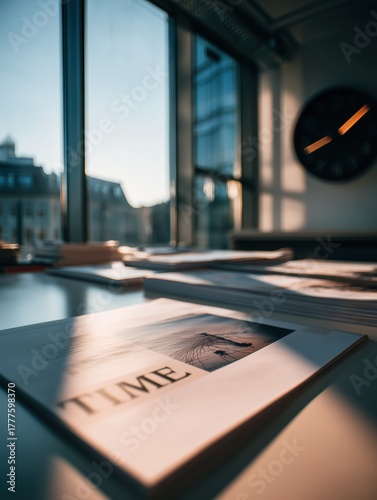 Close-up of magazine featuring TIME on desk with natural light and city view through large windows