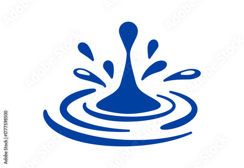 Minimalistic blue splash design depicting water droplets and ripples, symbolizing freshness and purity.