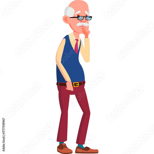 Elderly Caucasian Man With Mustache And Glasses Pondering Deeply In A Thoughtful Pose Wearing A Blue Vest Over A White Shirt And Burgundy Pants With Brown Shoes And A Belt