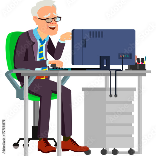 Elderly Man In A Suit And Tie Working On A Computer At A Desk With Office Supplies And A Rolling Chair In A Simple Setting