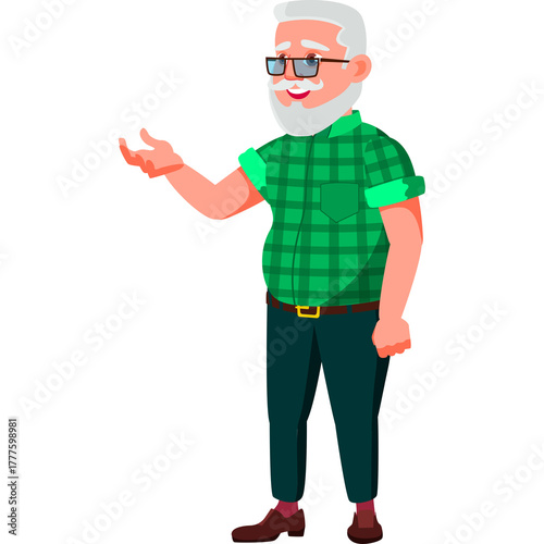 Elderly Man In Green Plaid Shirt And Blue Pants Gesturing With Open Hand In Studio Lighting Isolated On White Background