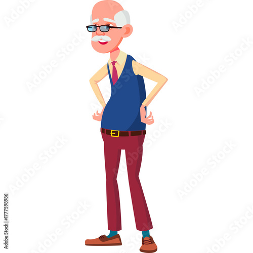 Elderly Man Poses Set Cartoon Style Elderly People Senior Person Standing Confidently with Hands on Hips Wearing Vest Shirt and Tie and Glasses Detailed Vector Illustration