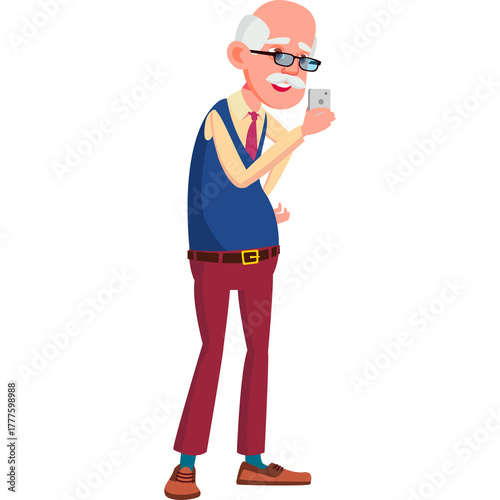 Elderly Man Poses with Smartphone in Casual Outfit with Glasses and Vest