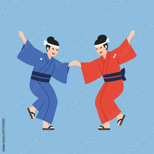 Two women wearing kimonos in a traditional japanese bon odori dance. Suitable for cultural events, travel brochures, and asian traditions.