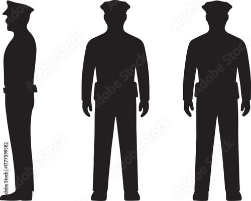 Police man silhouette icons set side, front and back poses vector illustration 