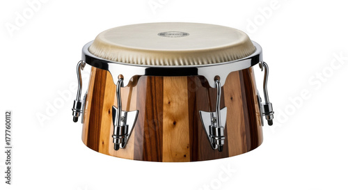 Beautiful wooden conga drum with shiny metal hardware for rhythmic music creation transparent background