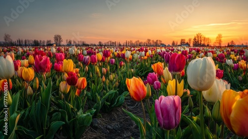 Vibrant tulip field at sunset with warm tones. AI image
