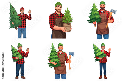 Christmas tree farmer holding tree and planting in various poses, transparent background, isolated, vector, set