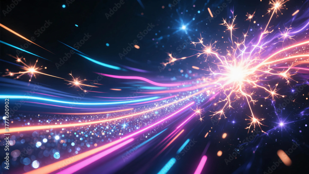 Naklejka premium Sparkling, vivid light. Rays. Beams. Black background.