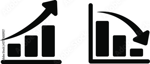 Business growth and decline graph chart icons for finance, market analysis, and data presentation vector illustration icon silhouette. 