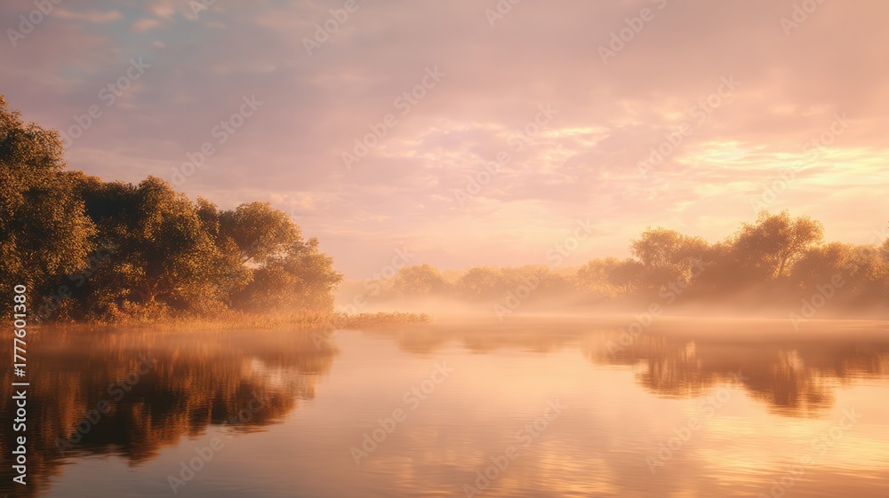 Fototapeta premium Serene sunrise on calm river. AI image