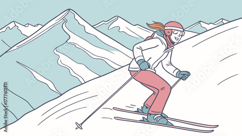 Illustration of a woman skiing down a snowy mountain slope with distant mountain range and blue sky