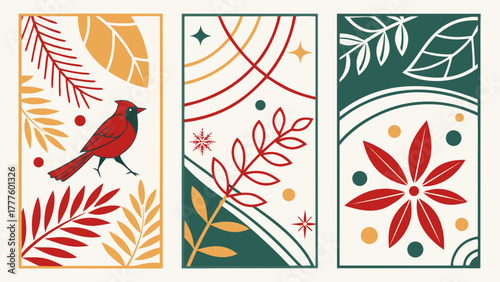 Illustration showcasing three panels with a cardinal bird, leaves, and geometric shapes in a modern style
