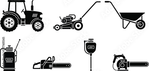Agriculture machinery, farming equipment silhouette vector illustration icon set