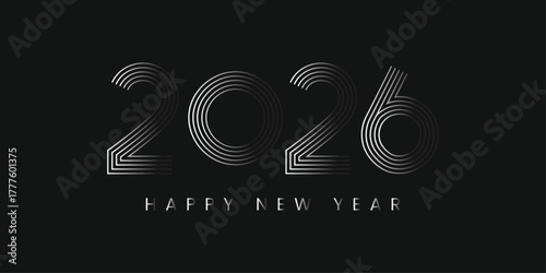 2026 Happy New Year – Modern Silver Line Art Typography on Black Background – Minimalist Vector Design for Banners, Social Media, Invitations & Corporate Greetings