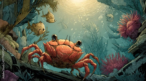 Underwater Misadventures: The Chronicles of a Cantankerous Crab and His Vibrant Aquatic Companions Facing Daily Hurdles
