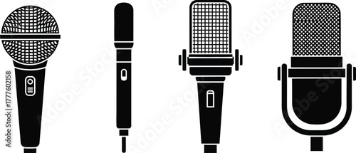 Microphone icons. Vintage retro audio recording studio and live performance equipment vector illustration silhouette icon set