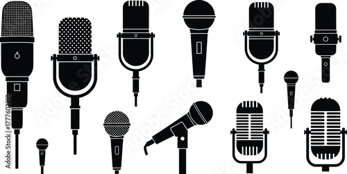 Microphone icons. Vintage retro audio recording studio and live performance equipment vector illustration silhouette icon set
